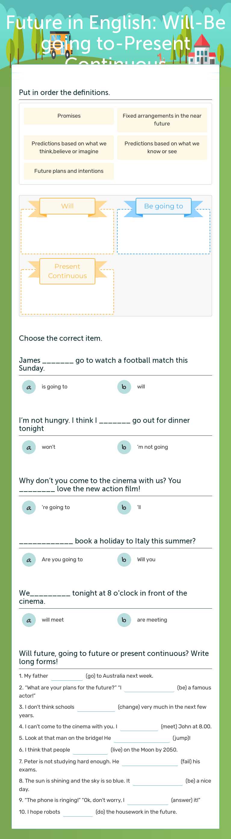 Future in English: Will-Be going to-Present Continuous worksheet preview image