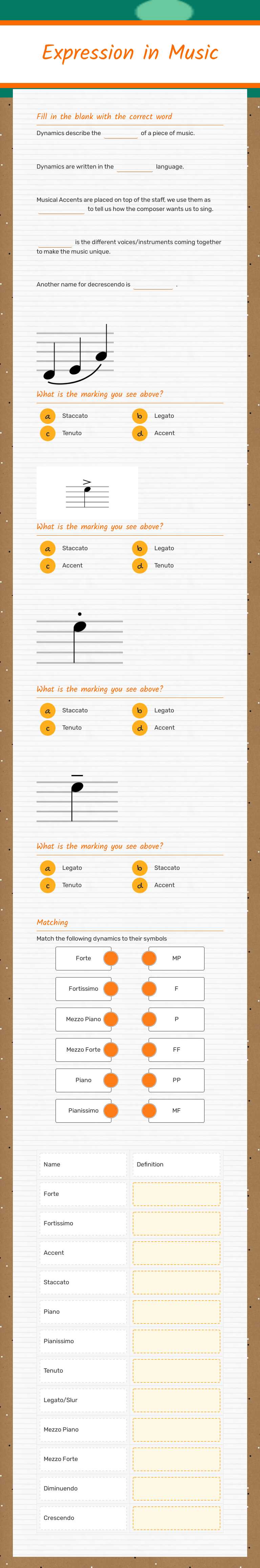 Expression in Music Grade 7 worksheet preview