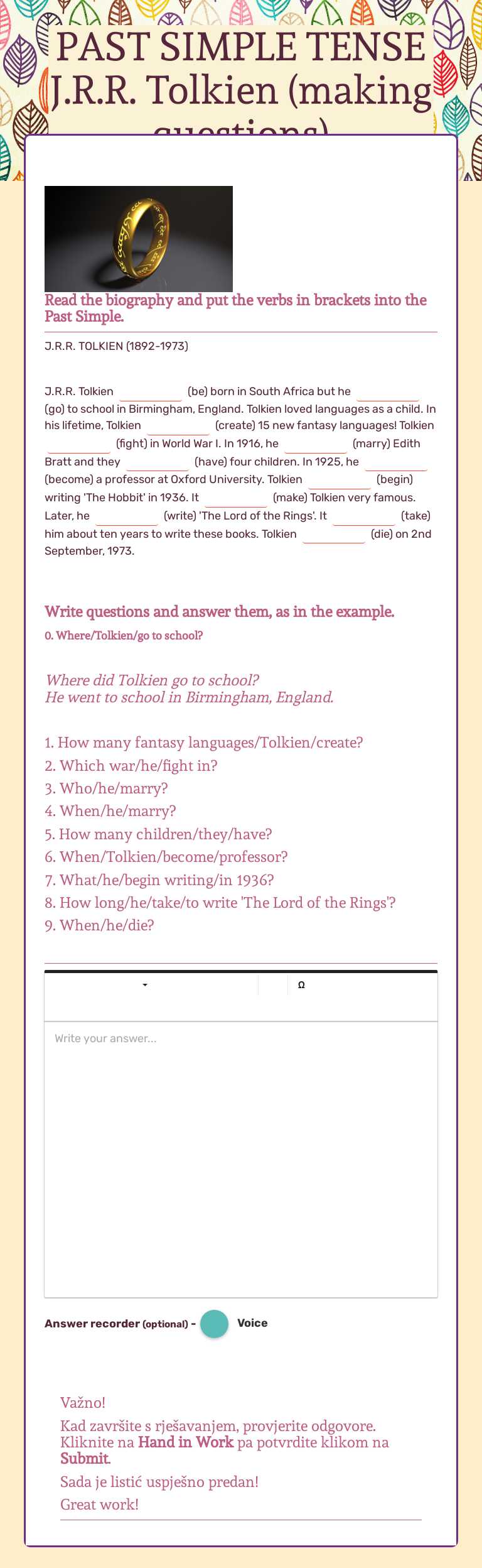 PAST SIMPLE TENSE   
      J.R.R. Tolkien            (making questions) worksheet preview image