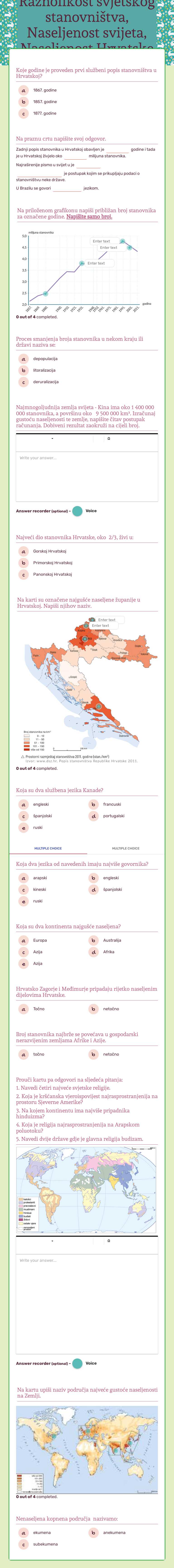 Raznolikost svjetskog stanovništva, Naseljenost svijeta, Naseljenost Hrvatske - ponavljanje worksheet preview image