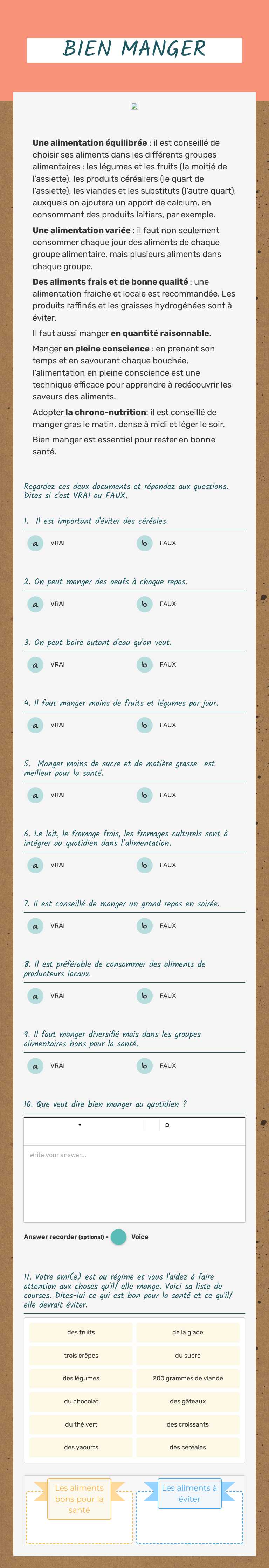 BIEN MANGER Grade 10 worksheet preview