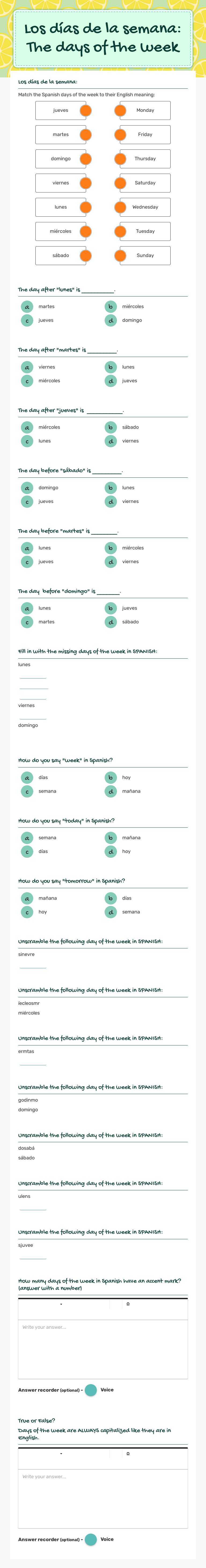 Los días de la semana:  The days of the week worksheet preview image