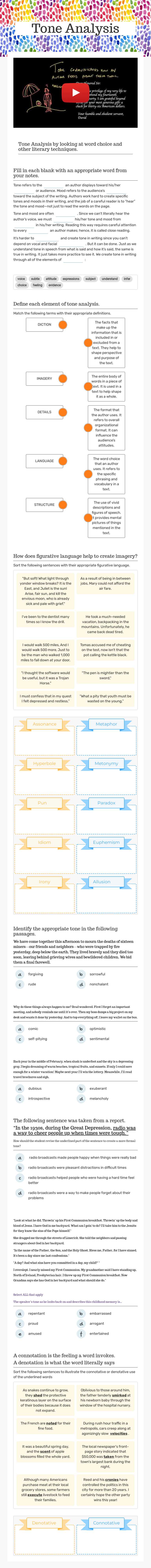 Tone Analysis worksheet preview image