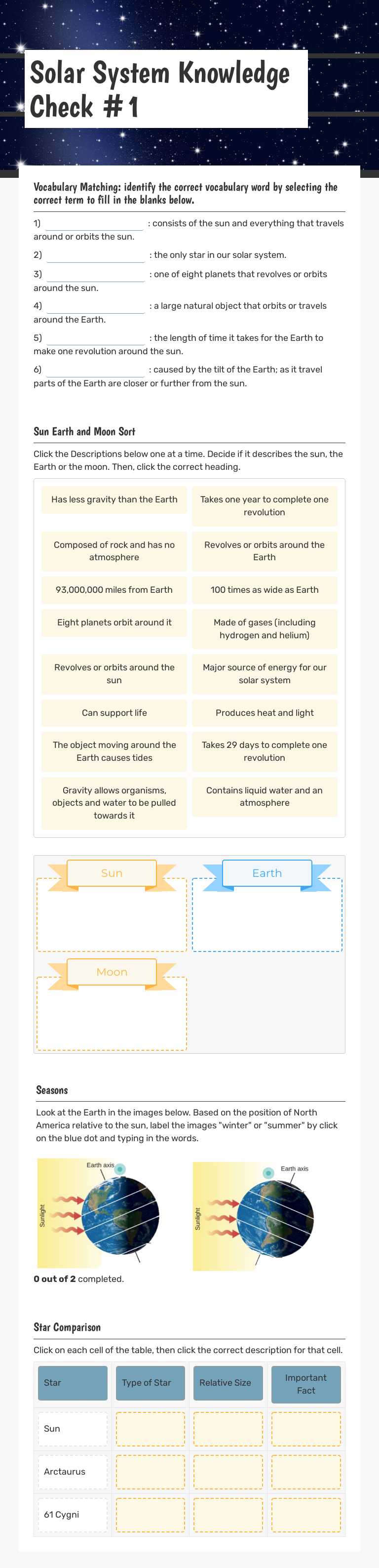 Solar System Knowledge Check #1 worksheet preview