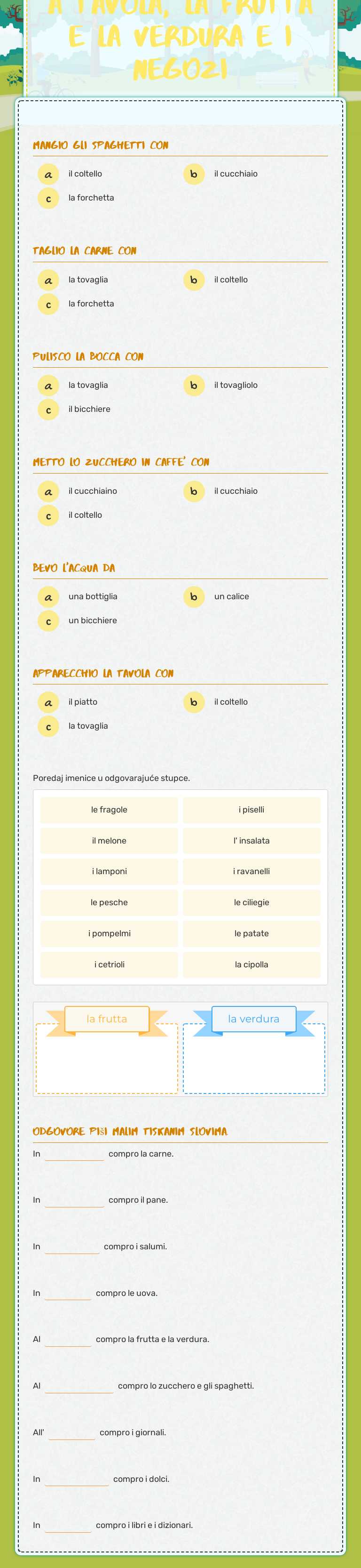 a tavola, la frutta e la verdura e i negozi worksheet preview image