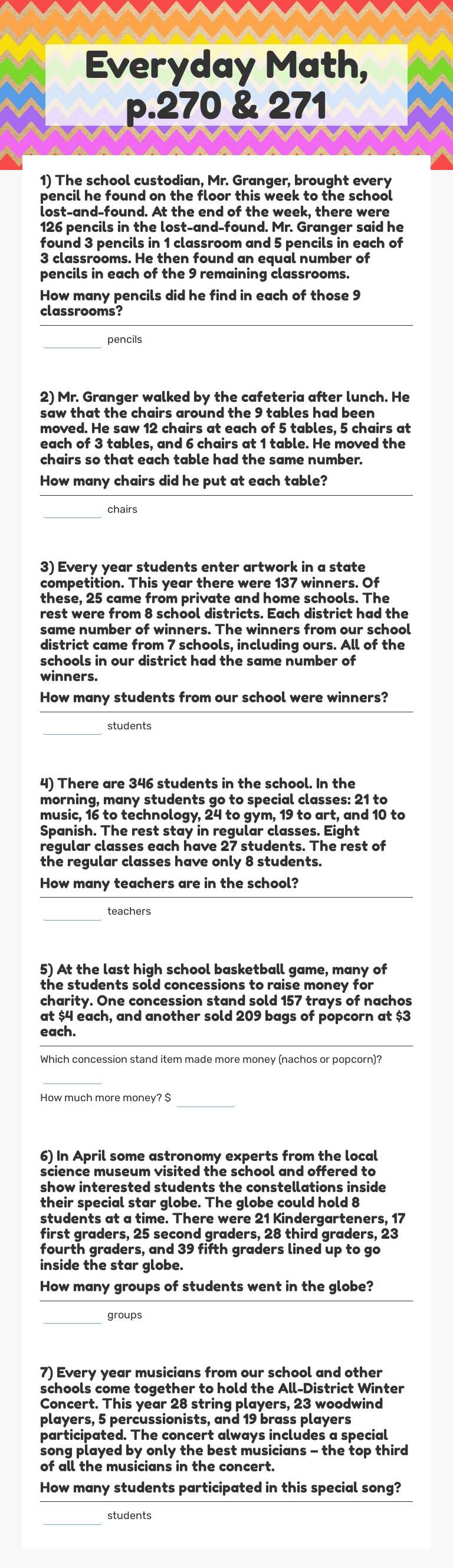 Everyday Math, 
p.270 & 271 worksheet preview image