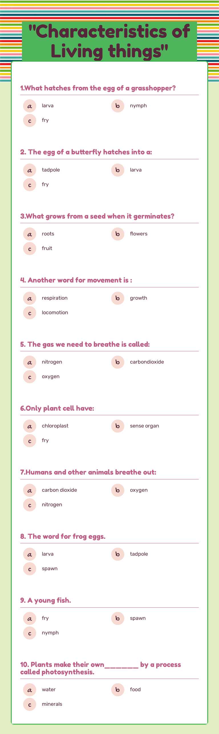 "Characteristics of Living things" Grade 4 worksheet preview
