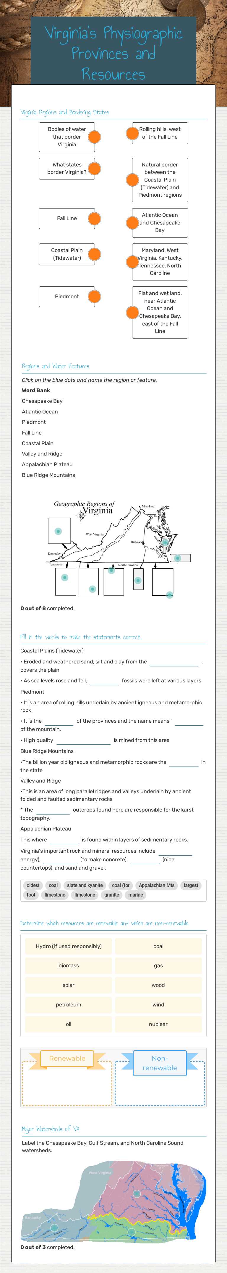 Virginia's Physiographic Provinces and Resources worksheet preview image