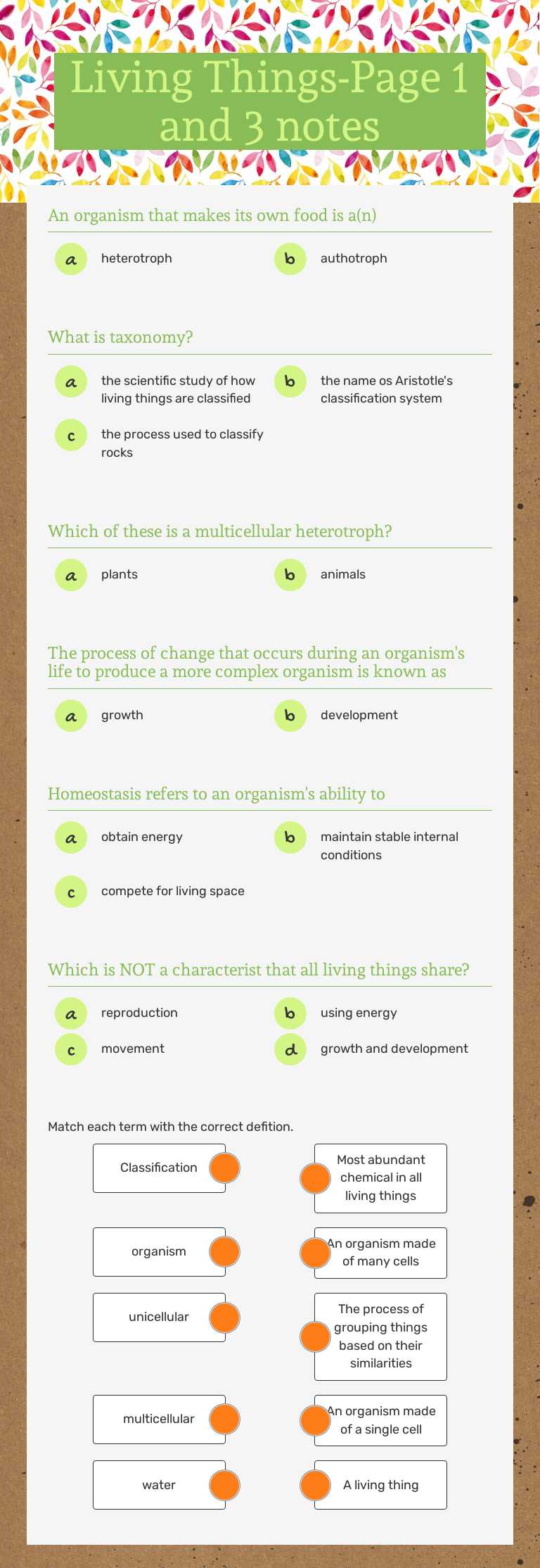 Living Things-Page 1 and  3 notes worksheet preview image