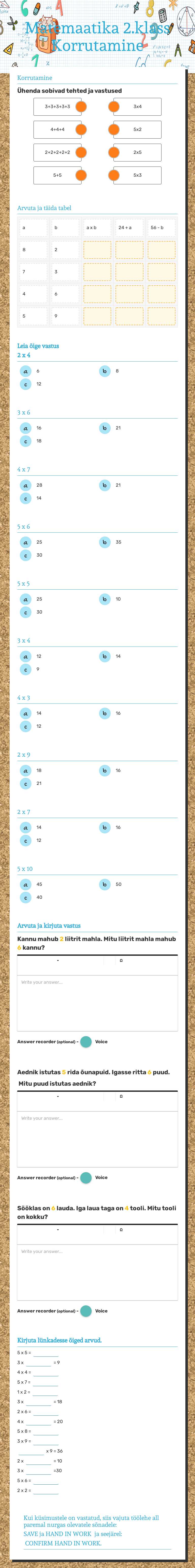 Matemaatika 2.klass Korrutamine worksheet preview image