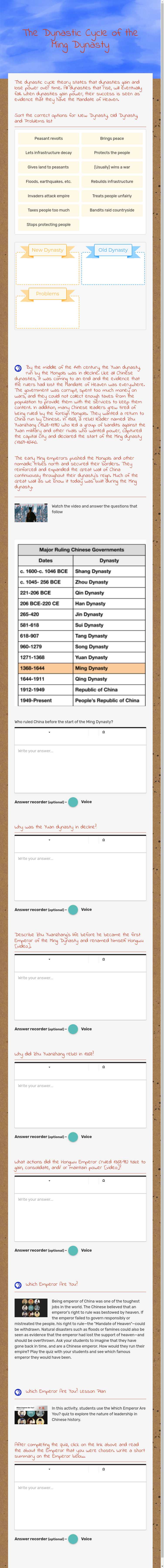 The Dynastic Cycle of the Ming Dynasty worksheet preview image