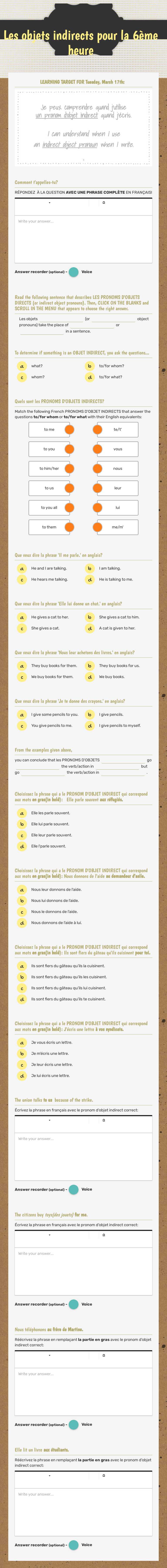 Les objets indirects pour la 6ème heure worksheet preview image