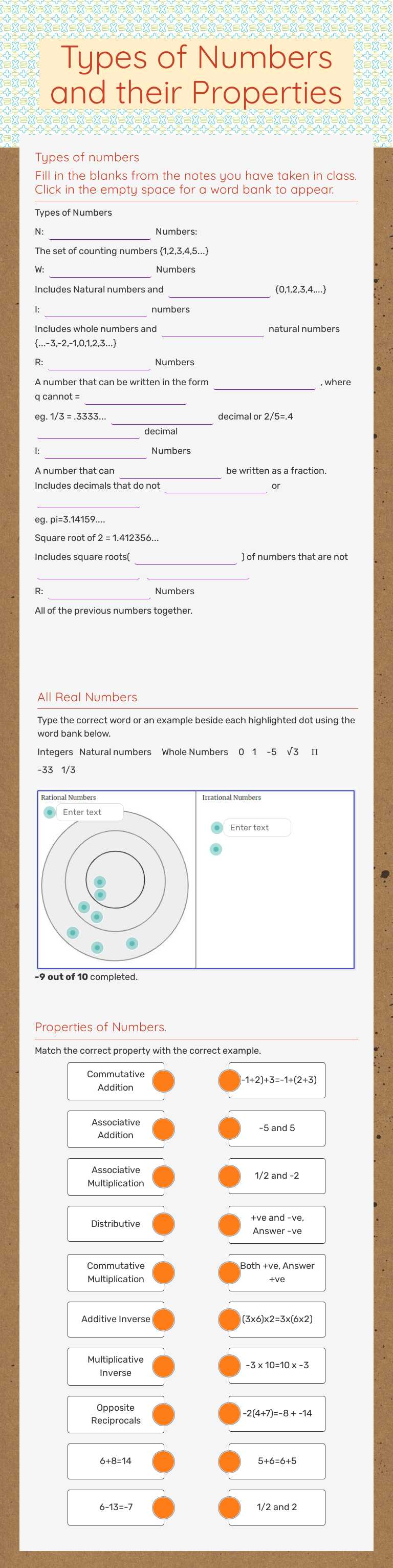 Types of Numbers and their Properties worksheet preview image