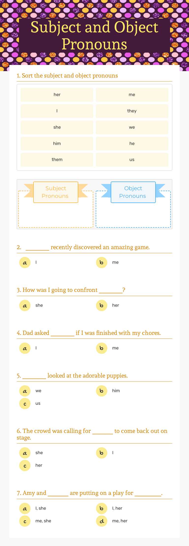 Subject and Object Pronouns worksheet preview image