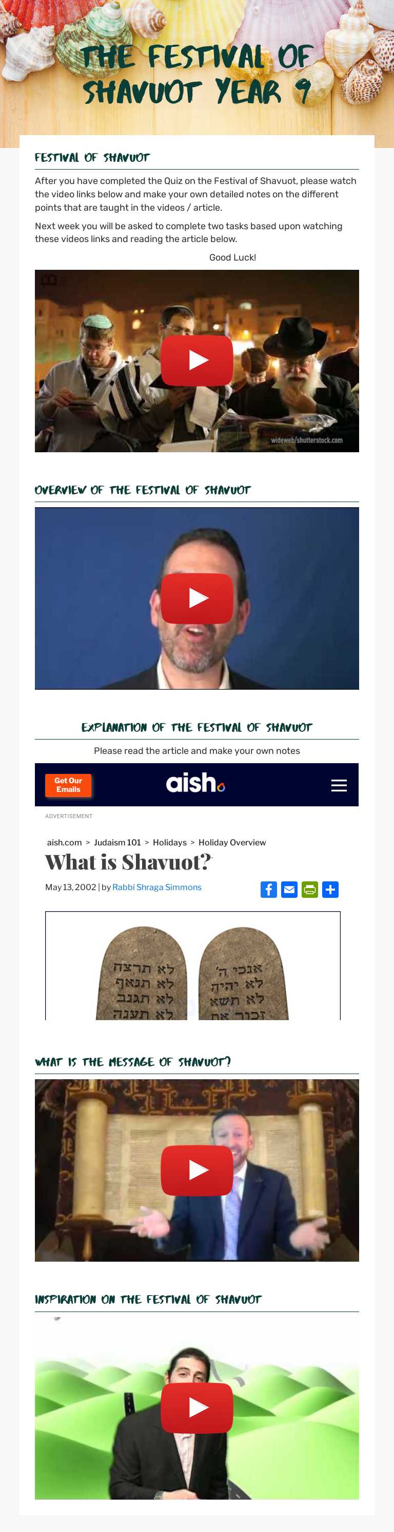 THe Festival of Shavuot Year 9 worksheet preview image