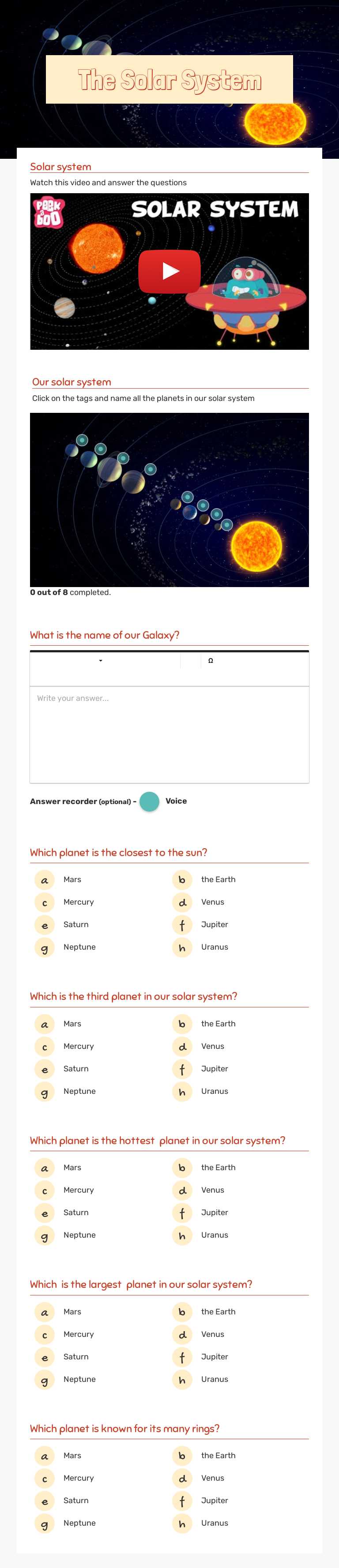 The Solar System worksheet preview image