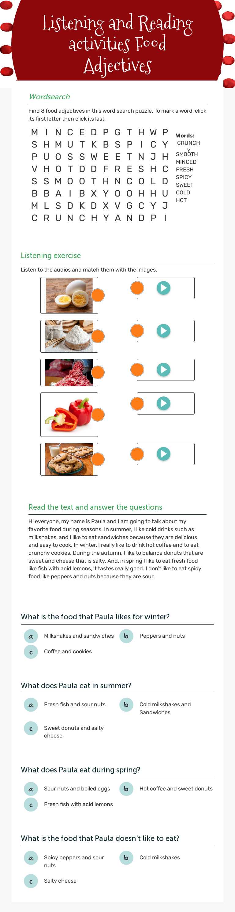 Listening and Reading activities 
Food Adjectives worksheet preview image