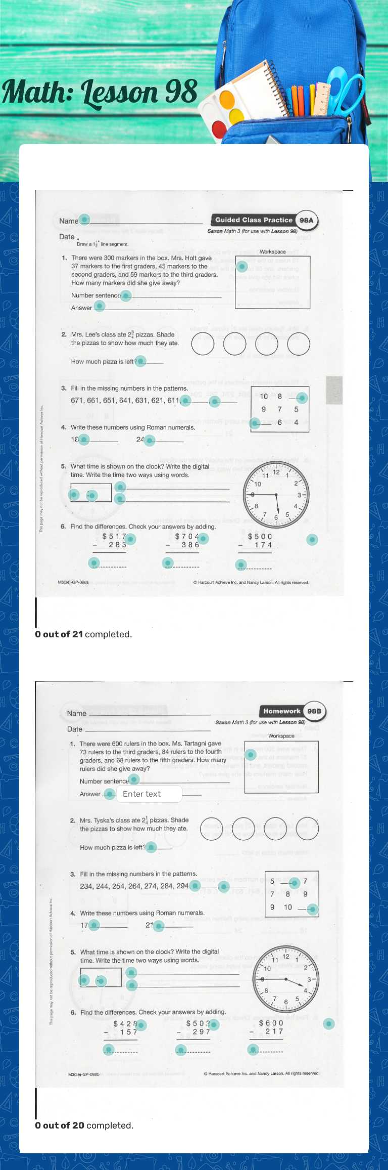 Math:  Lesson 98 worksheet preview image