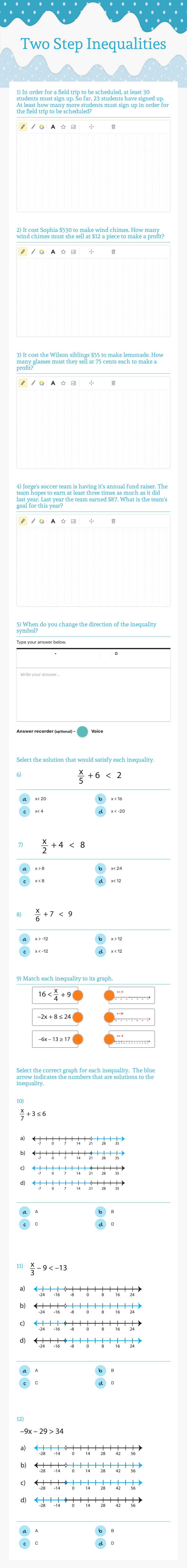 Two Step Inequalities Grade 7 worksheet preview