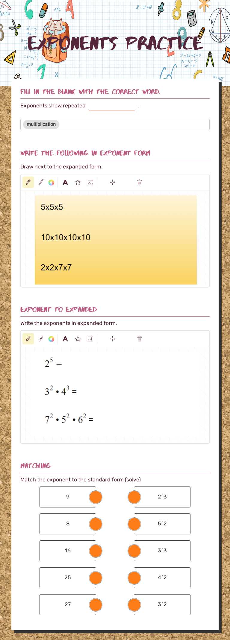 Exponents practice worksheet preview image