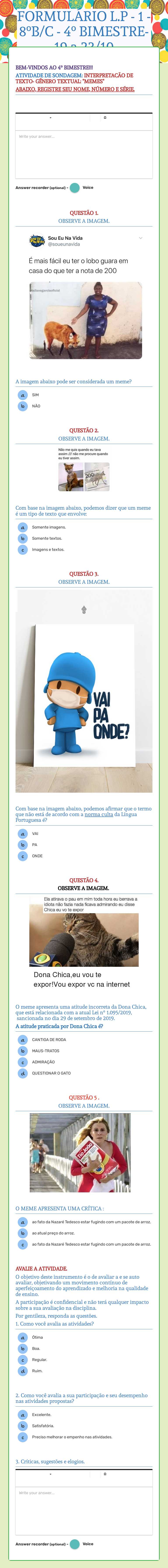 FORMULÁRIO L.P - 1  -
8ºB/C - 4º BIMESTRE-
19 a 23/10 Grade 8 worksheet preview