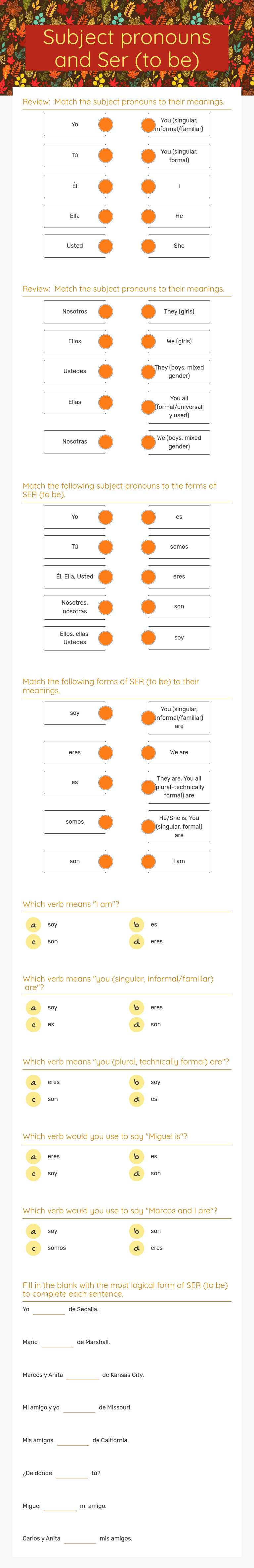 Subject pronouns and Ser (to be) worksheet preview image