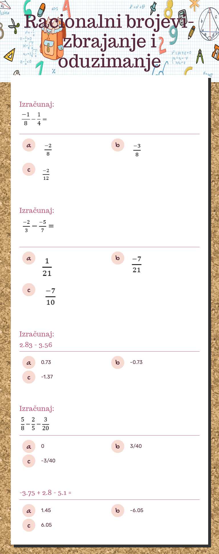 Racionalni brojevi- zbrajanje i oduzimanje worksheet preview image