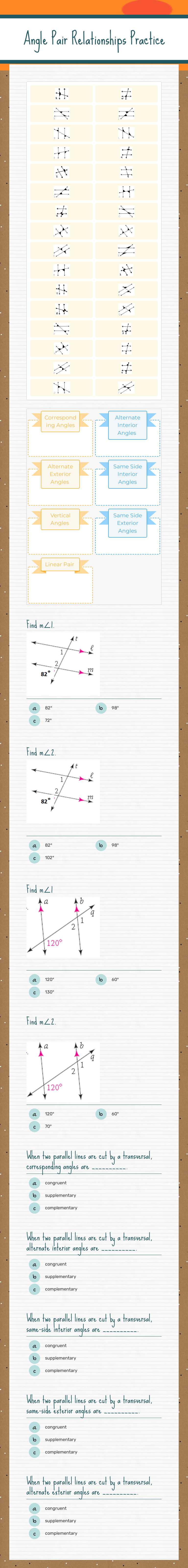 Angle Pair Relationships Practice worksheet preview image