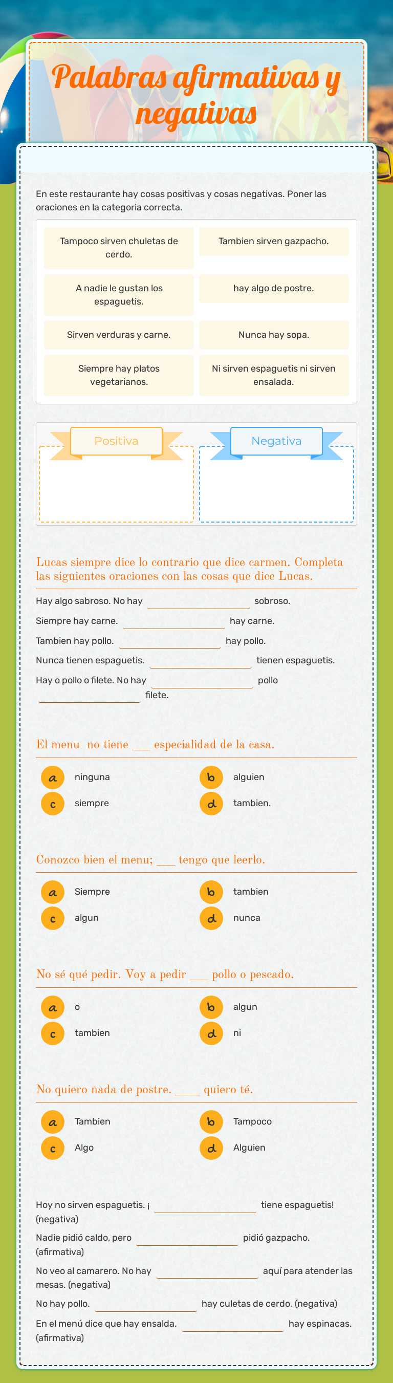 Palabras afirmativas y negativas worksheet preview image