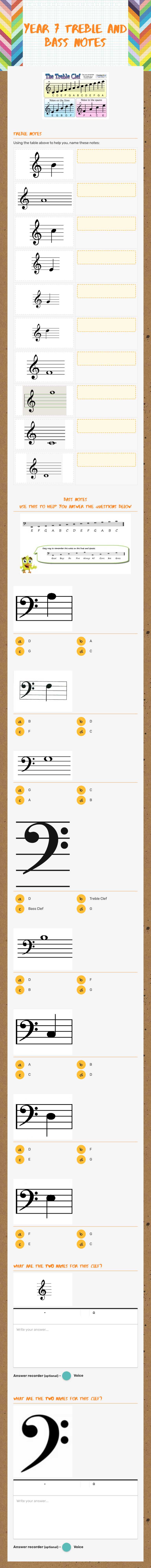 Year 7 Treble and Bass notes worksheet preview image