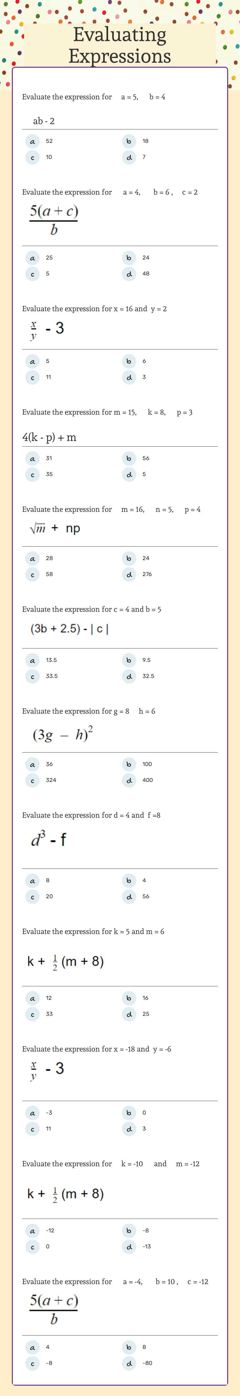 Evaluating Expressions worksheet preview image
