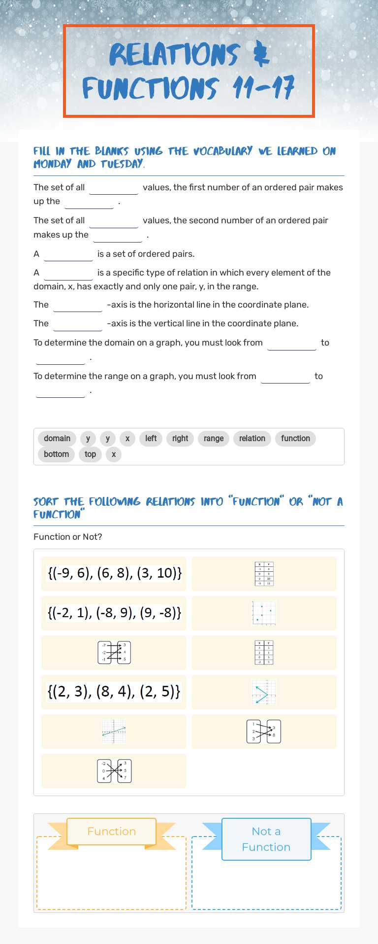 Relations & Functions 11-17 worksheet preview image