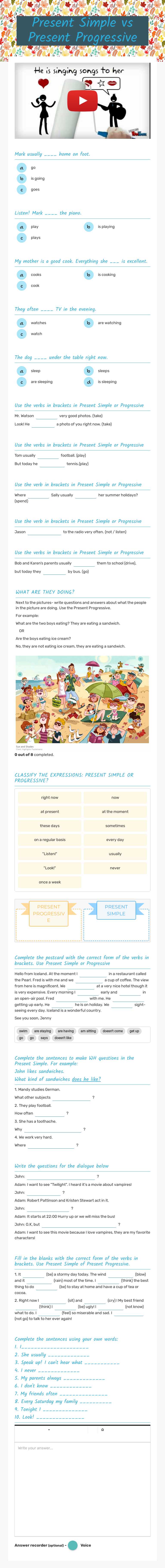 Present Simple vs 
Present Progressive worksheet preview image