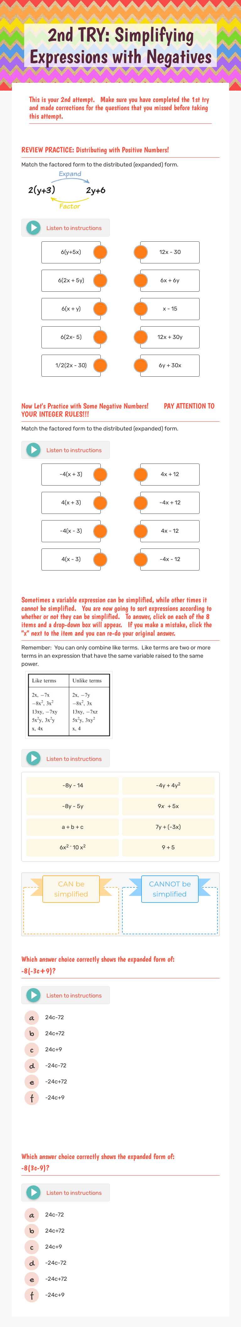 2nd TRY: Simplifying Expressions with Negatives worksheet preview image