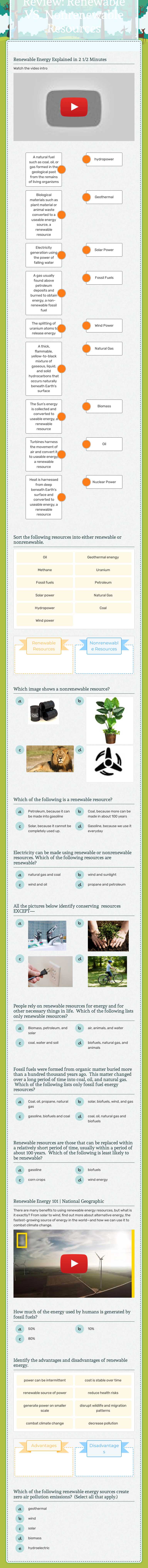 Renewable and Nonrenewable Resources worksheet preview image