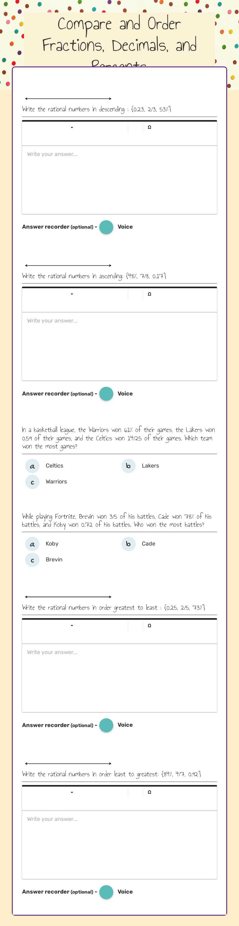 Compare and Order Fractions, Decimals, and Percents worksheet preview image