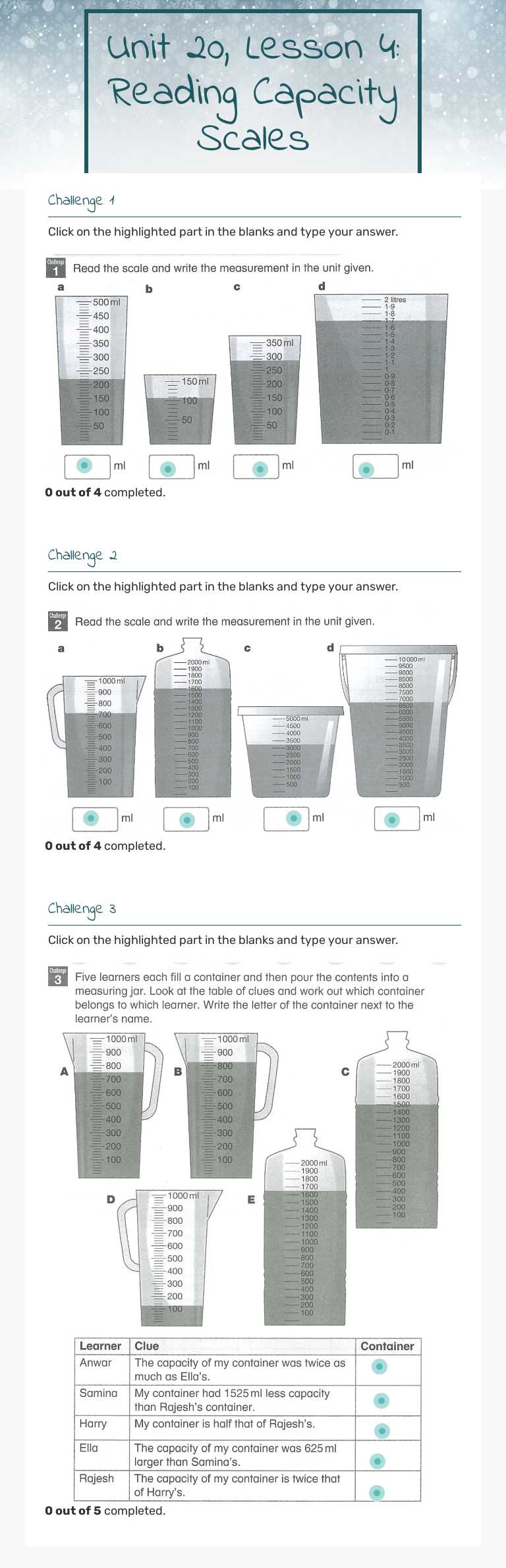 Unit 20, Lesson 4: Reading Capacity Scales Grade 5 worksheet preview