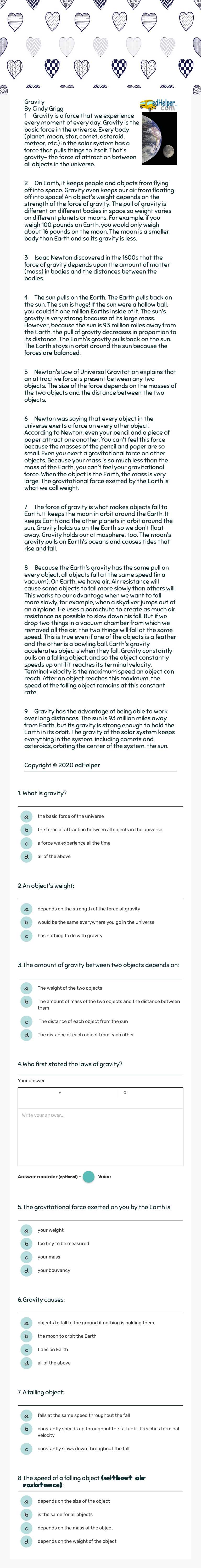 gravity worksheet preview image