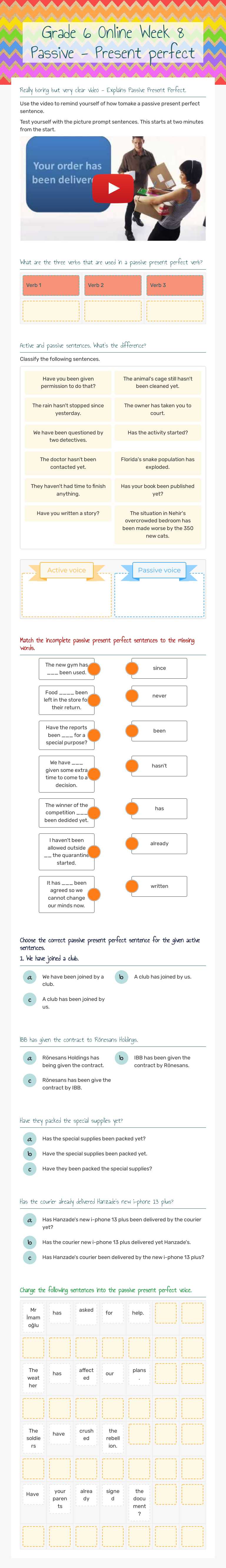 Grade 6 Online Week 8 Passive - Present perfect worksheet preview image