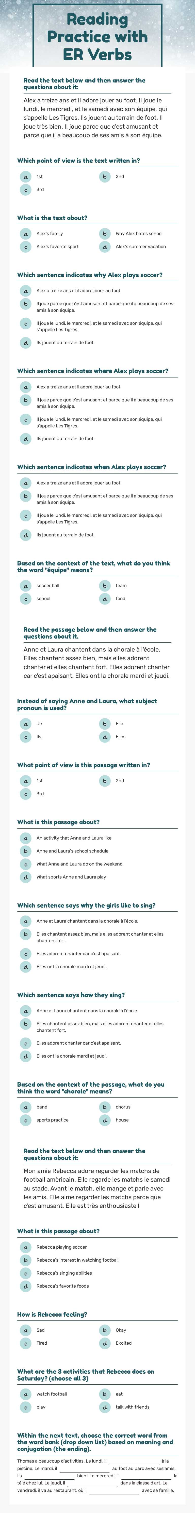 Reading Practice with ER Verbs Grade 7 worksheet preview