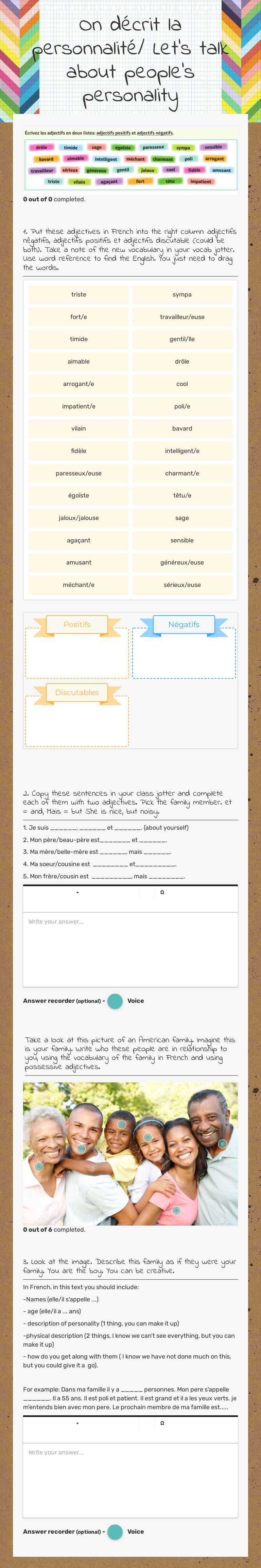 On décrit la personnalité/ Let's talk about people's personality worksheet preview image