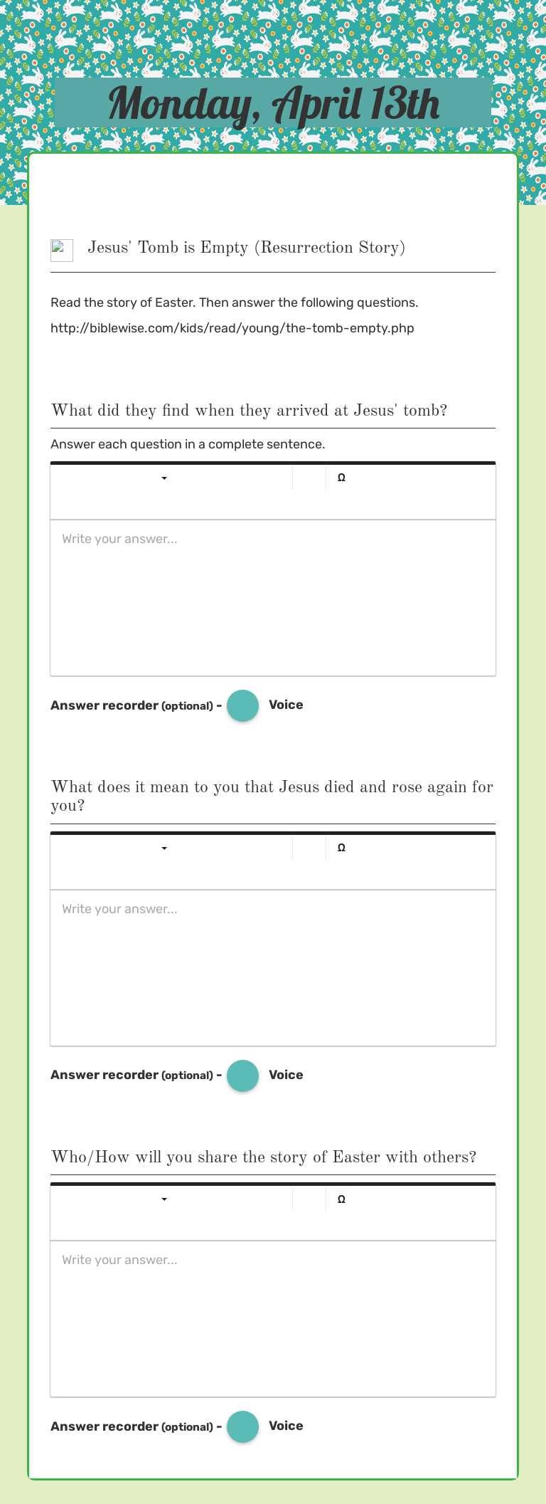 Monday, April 13th worksheet preview image