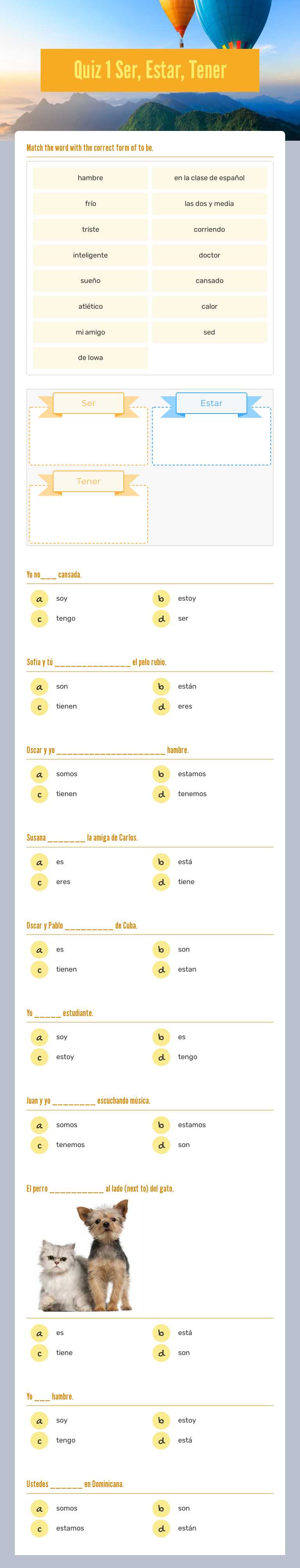 Quiz 1 
Ser, Estar, Tener Grade 10 worksheet preview