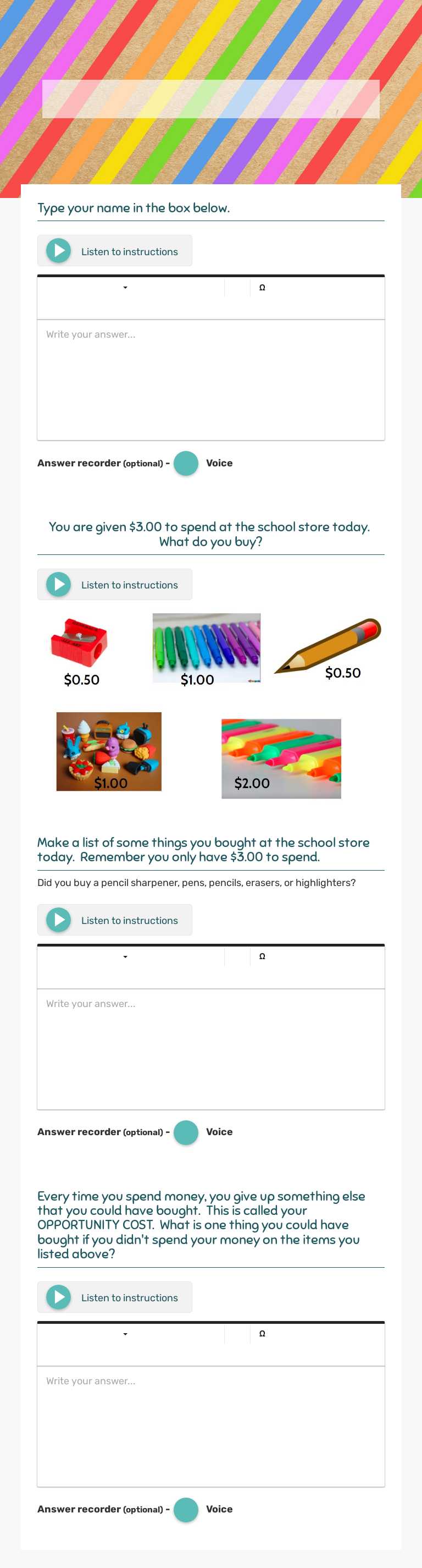 Opportunity Cost School Store worksheet preview image