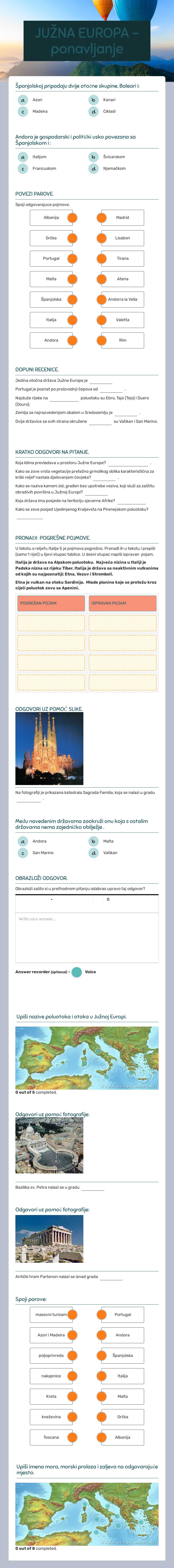 JUŽNA EUROPA   -  ponavljanje worksheet preview image