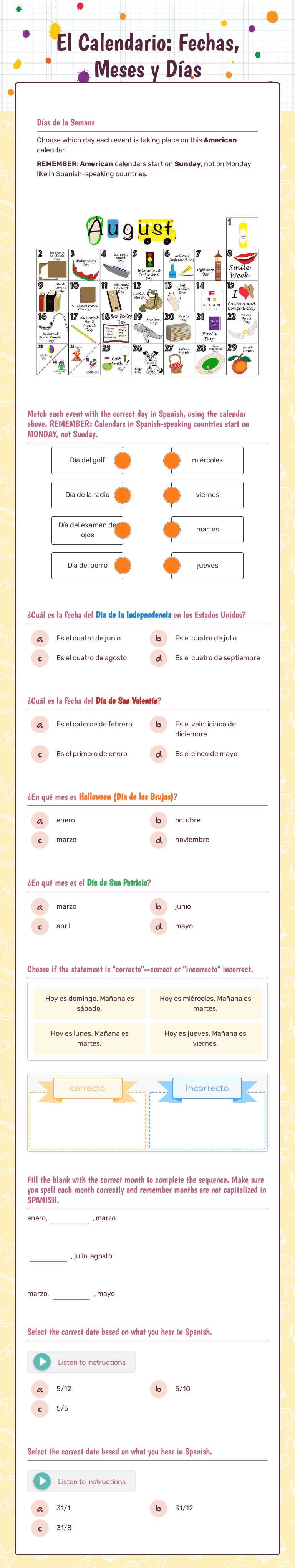 El Calendario:              
 Fechas, Meses y Días worksheet preview image