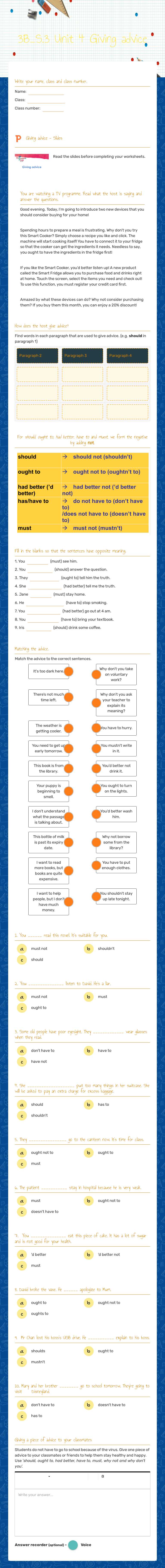 3B_S.3 Unit 4 Giving advice worksheet preview image