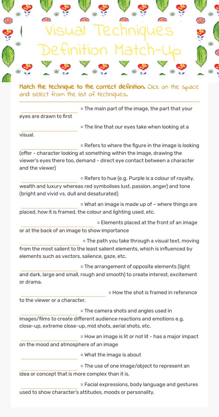 Visual Techniques Definition Match-Up worksheet preview image