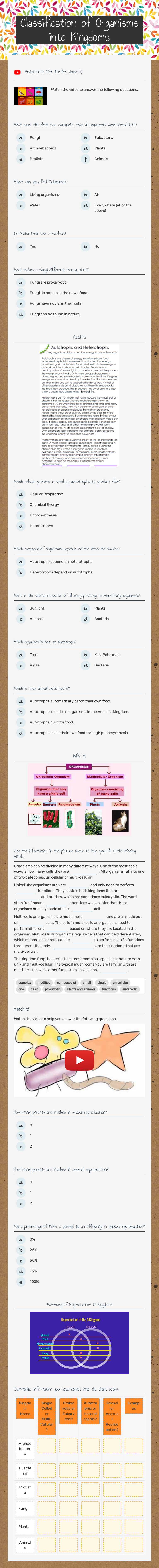 Classification of Organisms into Kingdoms Grade 7 worksheet preview