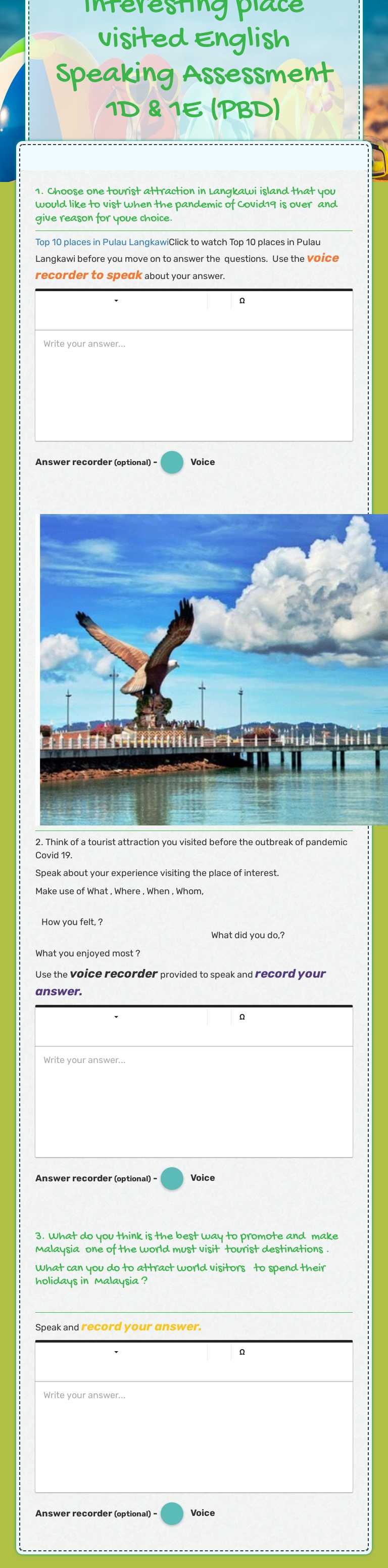 Talking about an interesting place    
                        visited                                                                             
            English Speaking Assessment                              1D & 1E  (PBD) worksheet preview image